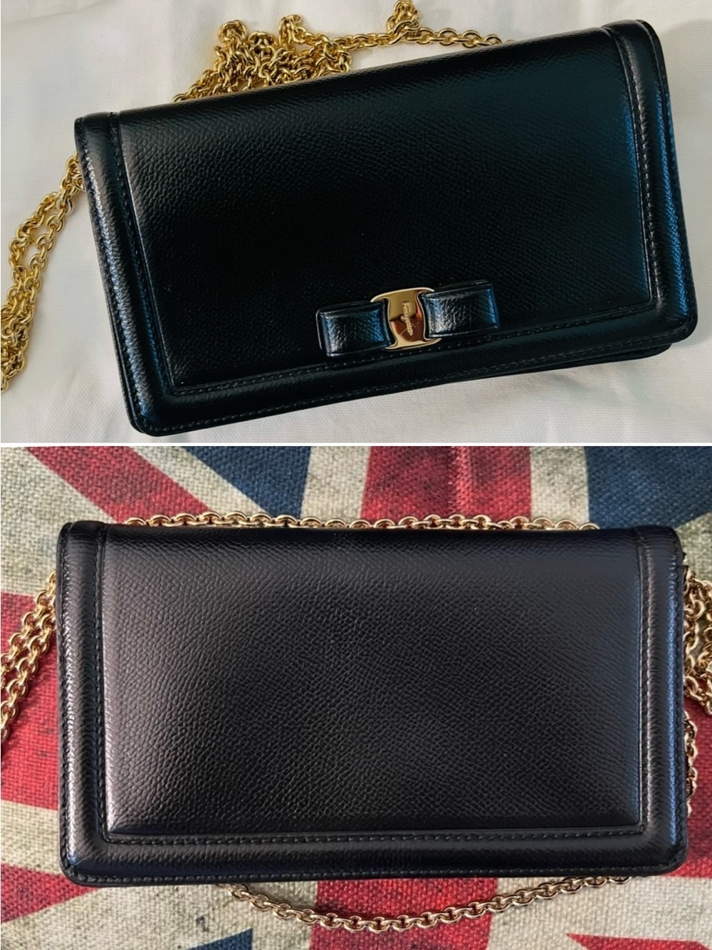 Salvatore Ferragamo Vara-Bow Black pebbled calf/wallet/clutch/Shoulder🤩Chain/DB